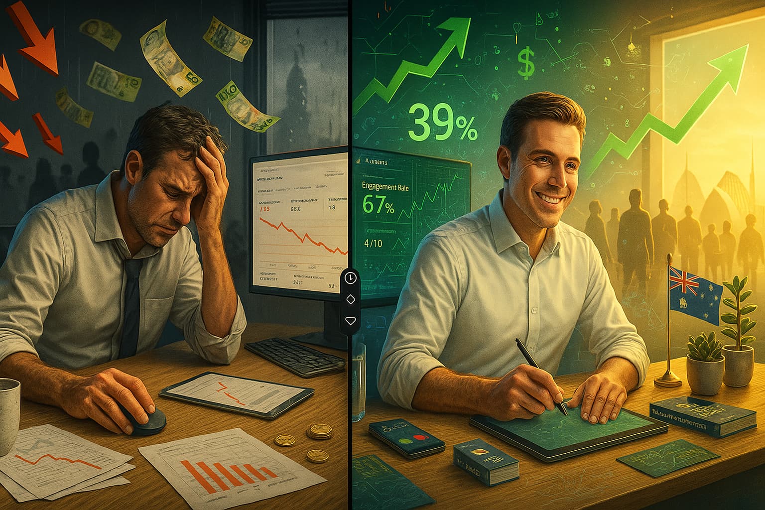 Stressed businessman facing losses compared to a successful businessman showing 39% growth.