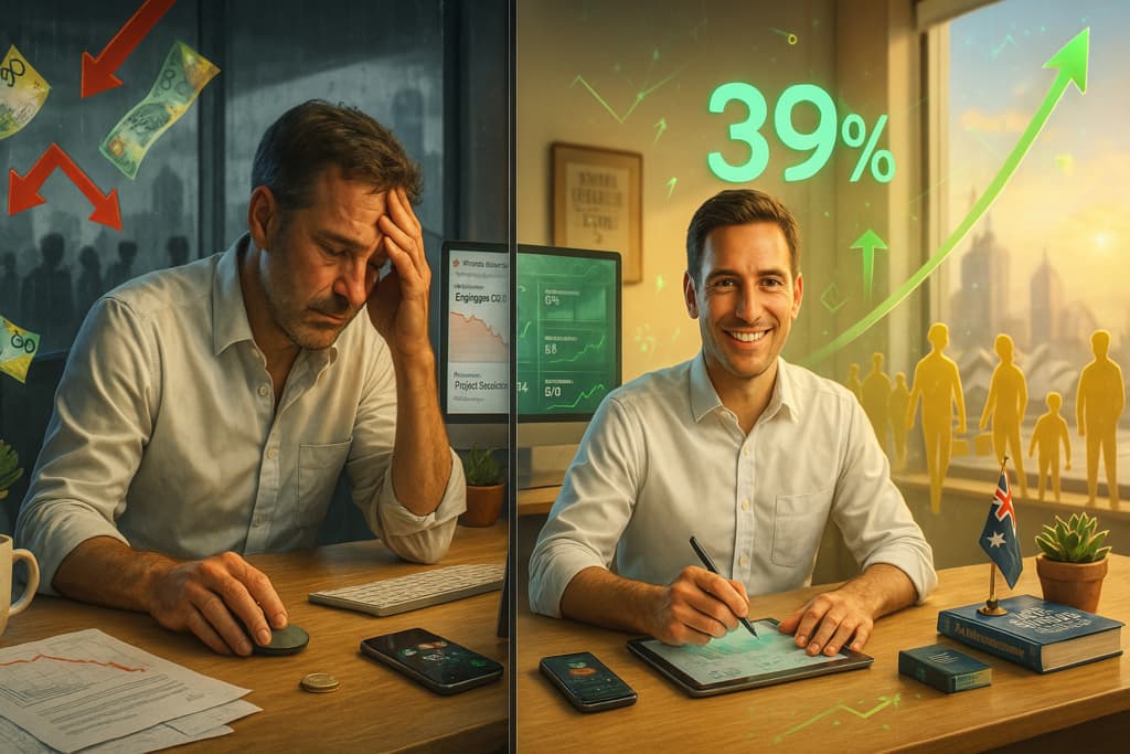 Stressed businessman with declining charts next to a smiling businessman showing 39% growth.
