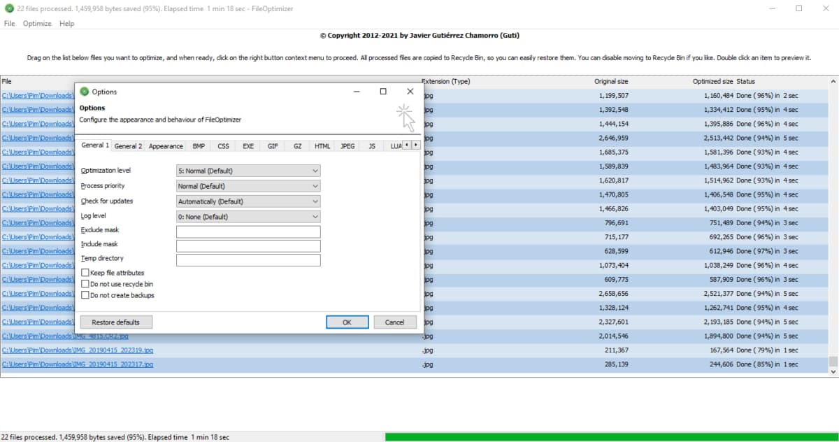Screenshot of FileOptimizer software showing compressed files and an open options window.