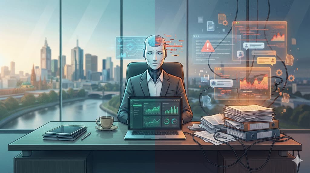 An android office worker transitioning from organised calm to overwhelmed, glitching chaos.