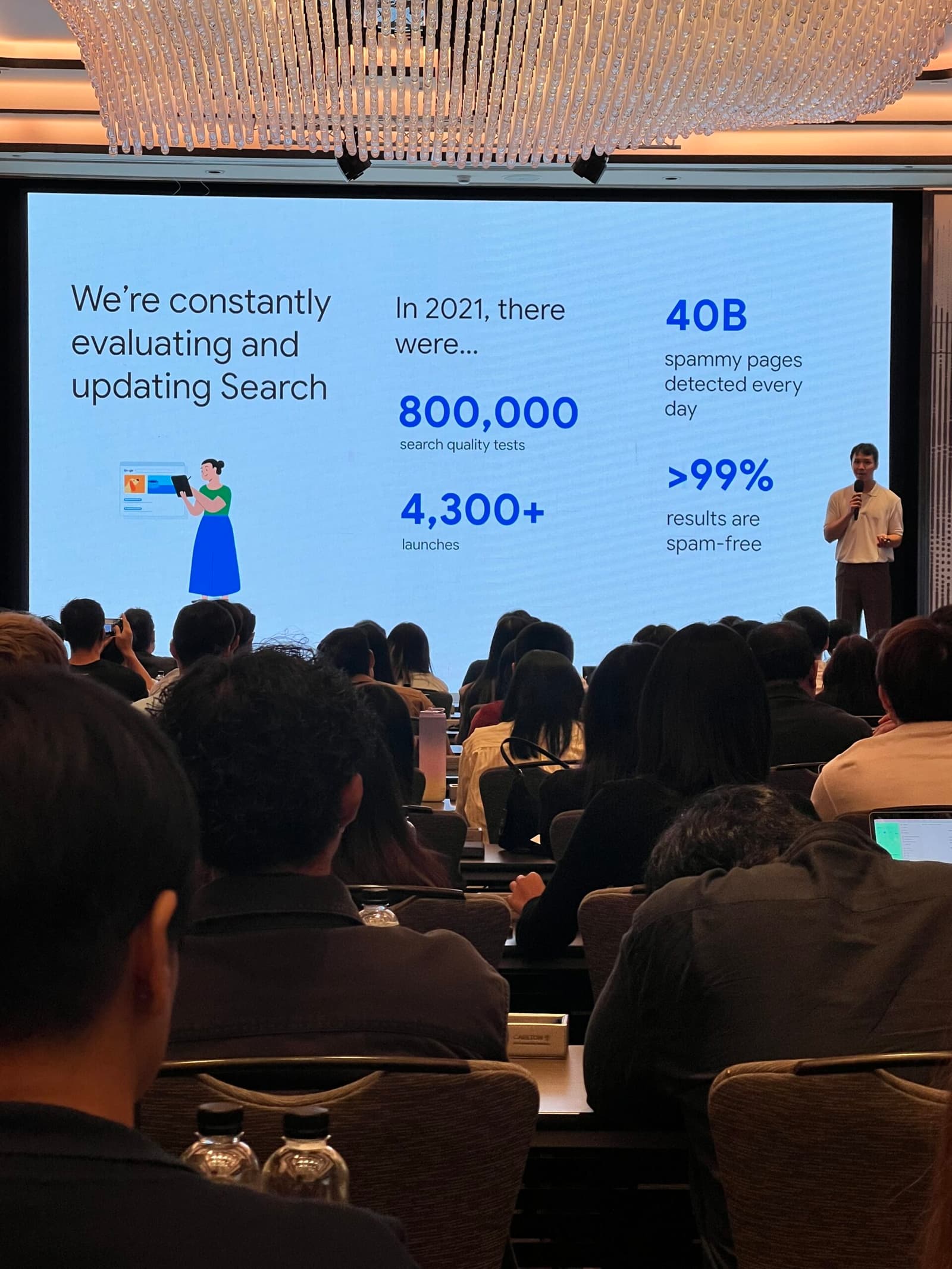 Presenter on stage showing Google Search statistics on a screen to an audience.