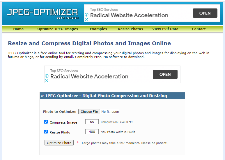 Screenshot of the JPEG-Optimizer website, showing options to compress and resize images.
