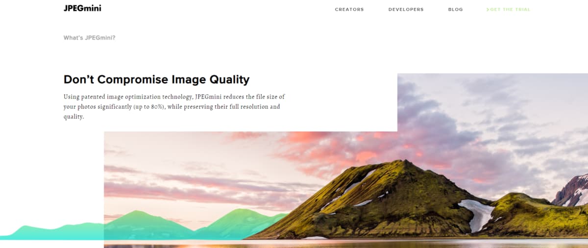 Screenshot of the JPEGmini homepage featuring the headline 'Don’t Compromise Image Quality'.