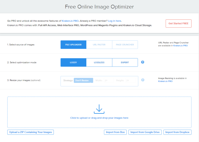 Screenshot of the Kraken.io free online image optimiser interface.
