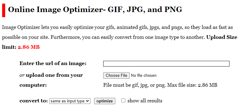 Screenshot of the Online Image Optimizer tool interface with file upload options.