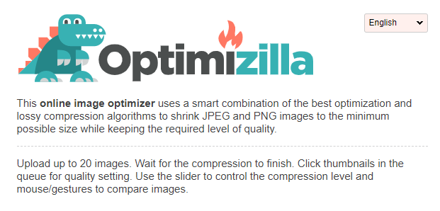 Screenshot of the Optimizilla website showing its dinosaur mascot logo and description.