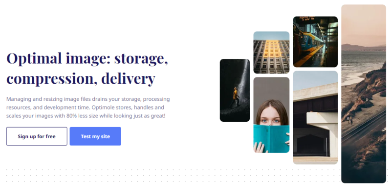 Screenshot of Optimole website featuring the headline 'Optimal image: storage, compression, delivery'.