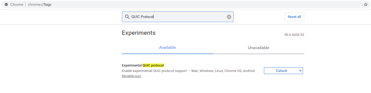 Chrome flags screenshot showing the Experimental QUIC protocol set to Default.