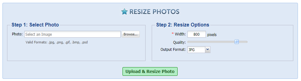 Screenshot of a photo resizer interface showing options to upload and resize images.