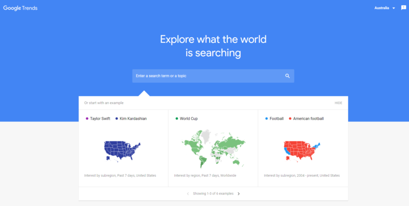 Screenshot of the Google Trends homepage showing the search bar and example topics.