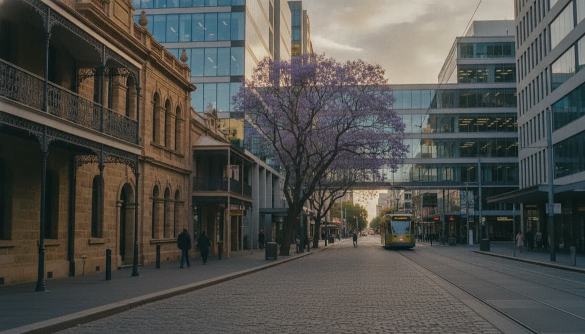 Quiet Adelaide street with heritage buildings and modern offices