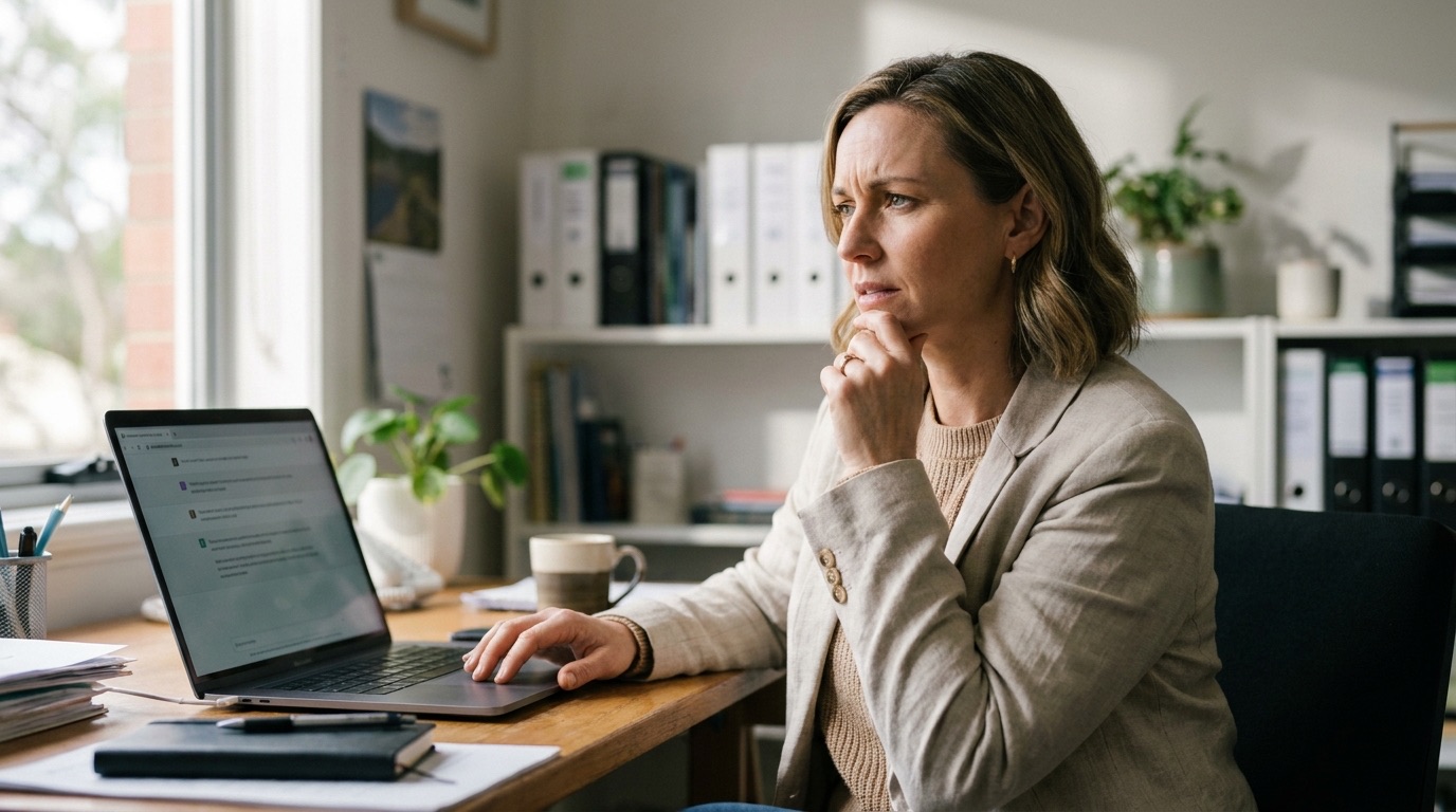 Business owner using a laptop showing a conversational AI assistant interface, illustrating AI as the new starting point for discovery