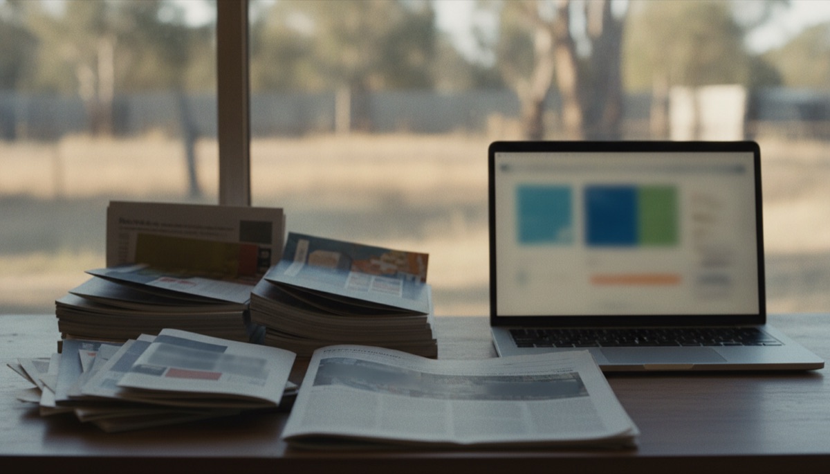 Desk contrasting printed brochures and letterbox flyers with a glowing laptop
