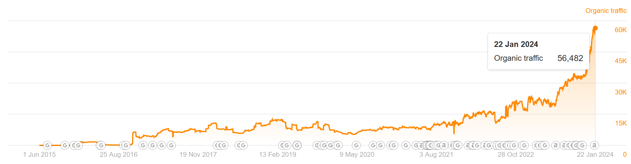 Line graph showing a sharp rise in organic website traffic peaking in 2024.