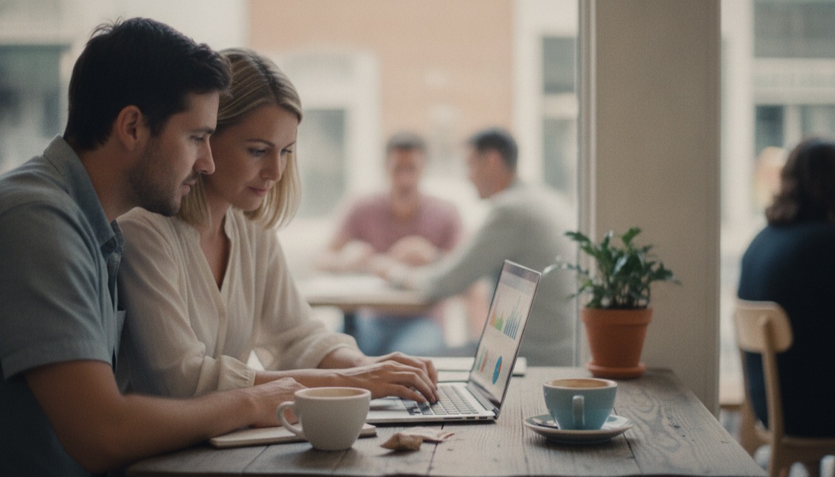 Small business owners reviewing marketing spend on a laptop together