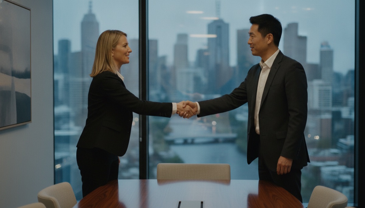 Business meeting handshake in a Melbourne office tower