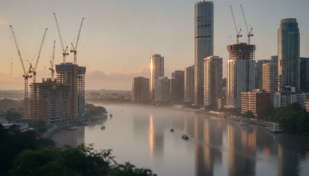 Construction cranes over the growing Brisbane skyline