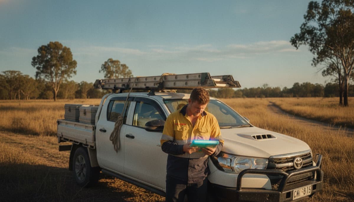 Tradesperson checking their phone beside a ute stacked with tools