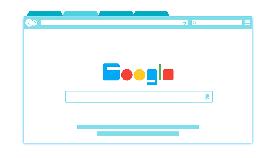 Illustration of a web browser displaying a stylised Google search homepage.