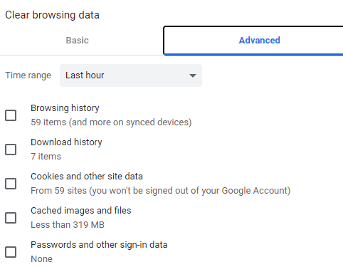 Screenshot of the Advanced tab in the Chrome Clear browsing data settings menu.
