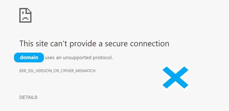 Screenshot of browser displaying the ERR_SSL_VERSION_OR_CIPHER_MISMATCH secure connection error.