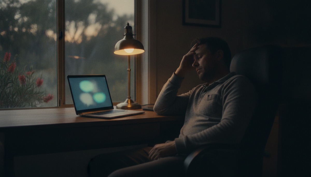 Frustrated professional reviewing confusing AI output on a laptop