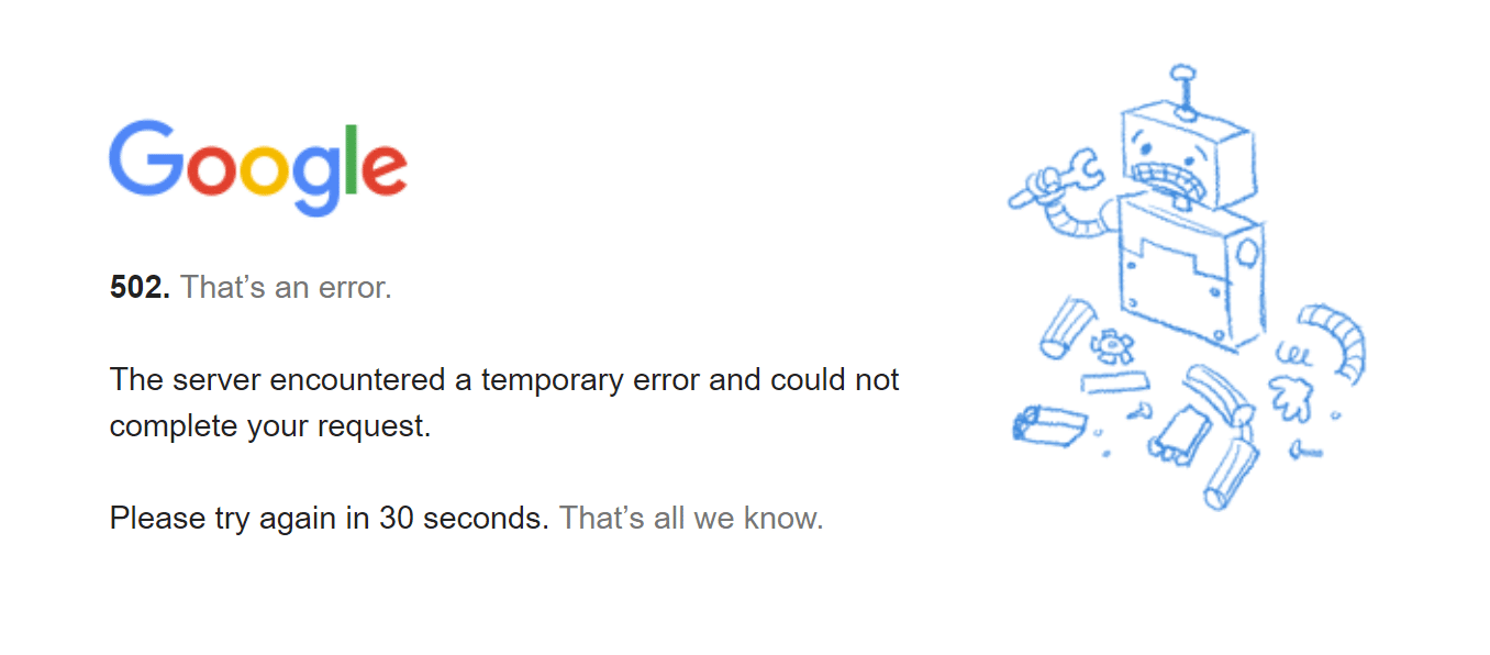 Screenshot of a Google 502 error page featuring a broken robot illustration.