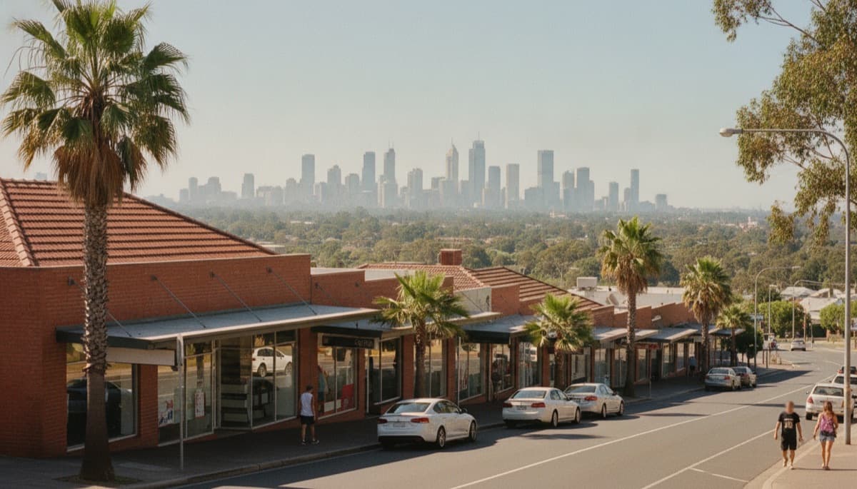 Local shopping strip in the foreground with a city skyline beyond