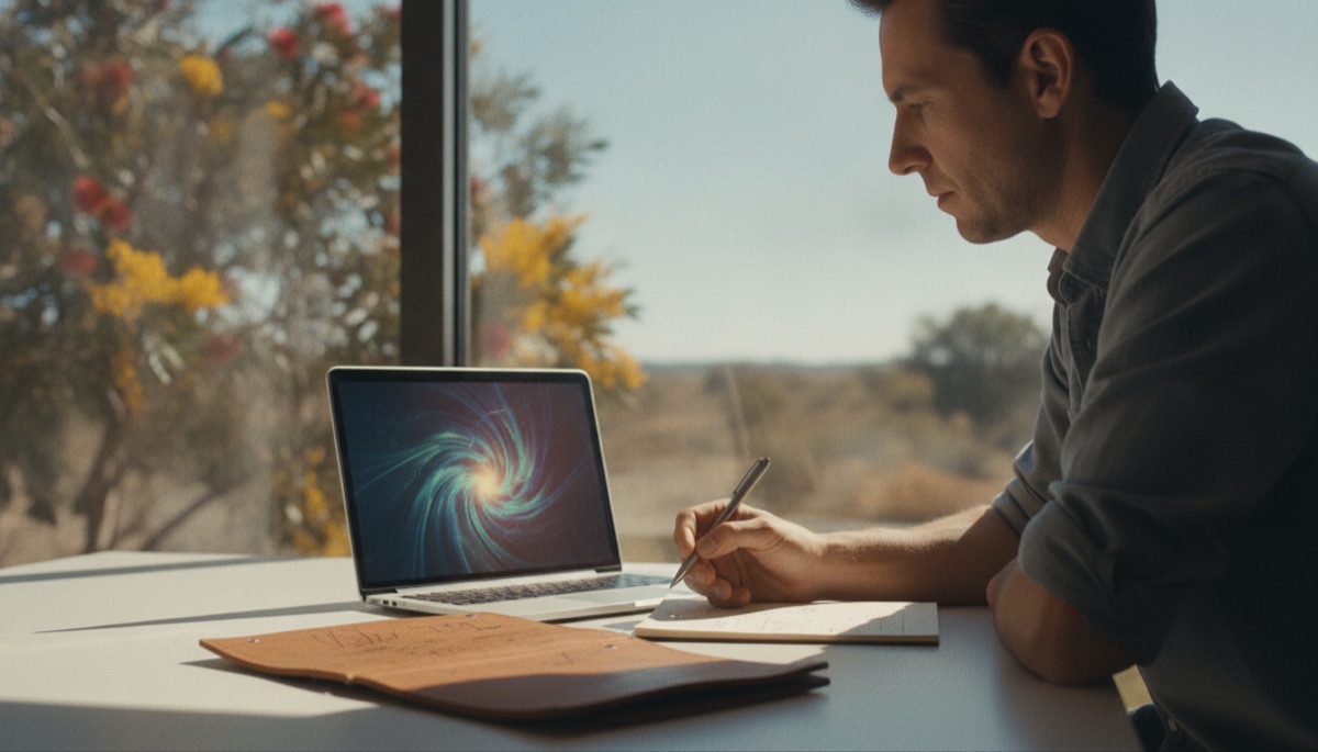 Marketer weighing up AI tools on a laptop with a notepad of plans