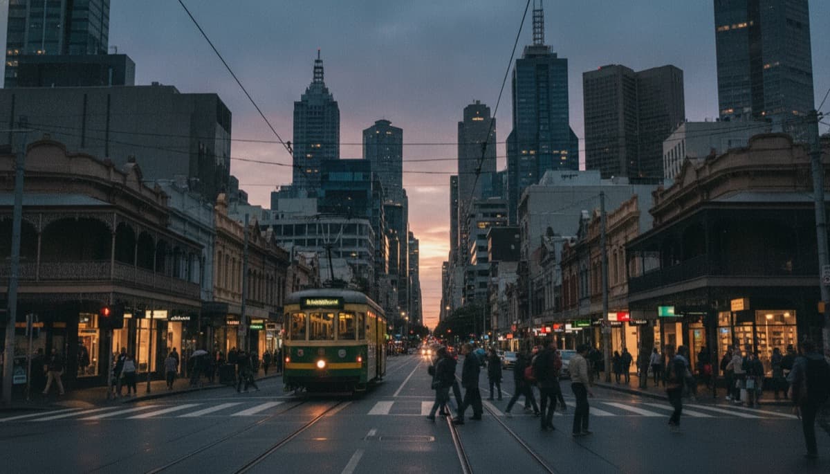 Melbourne laneway with a tram passing at dusk