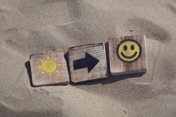 Three wooden blocks on sand showing a sun, right arrow, and smiley face.