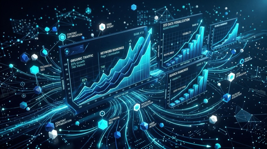 3D digital illustration of SEO dashboards with upward-trending charts and data analytics.