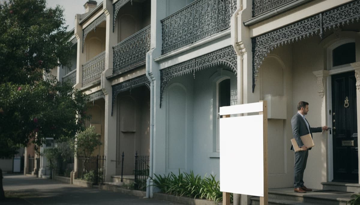 Sydney terrace houses with a real estate agent unlocking a door