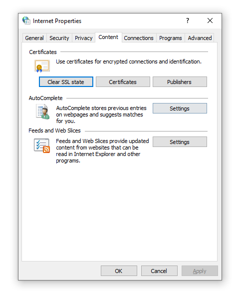 The Content tab in Internet Properties highlighting the Clear SSL state button.