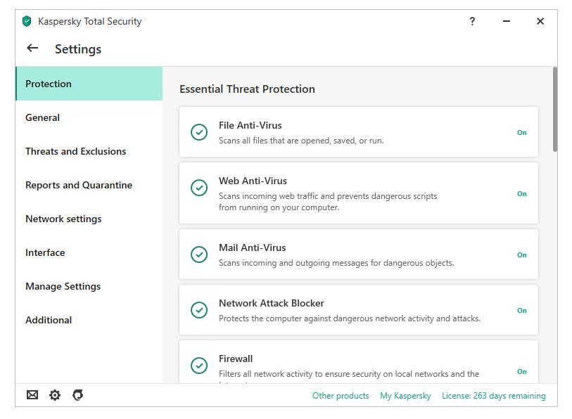 Kaspersky Total Security settings page showing Web Anti-Virus protection options.