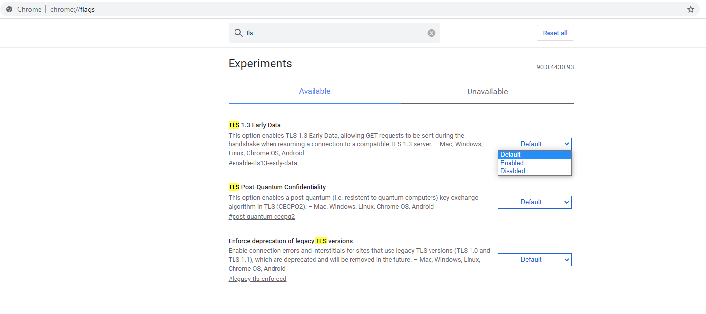 Chrome flags page showing experimental TLS settings to configure SSL version protocols.