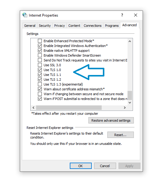 Internet Properties Advanced tab screenshot with an arrow pointing to TLS settings.