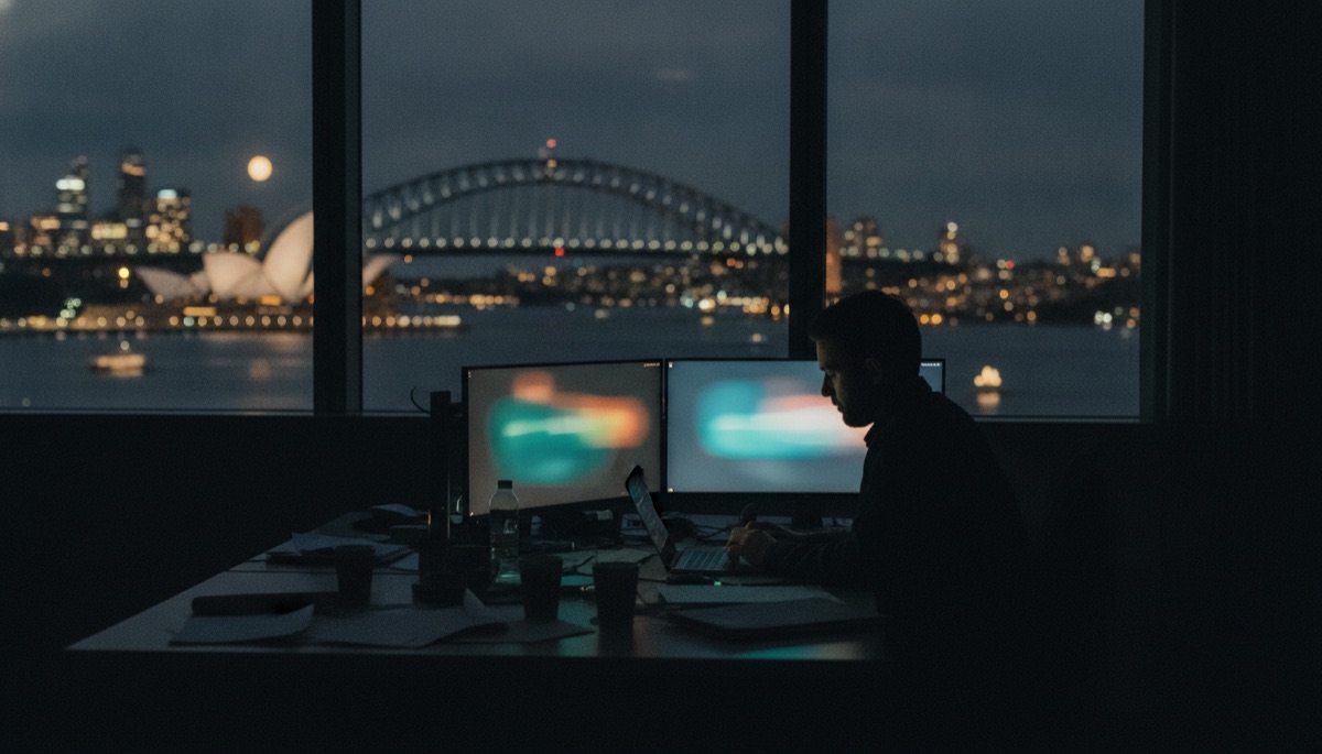 Late-night campaign review in a Sydney office overlooking the city