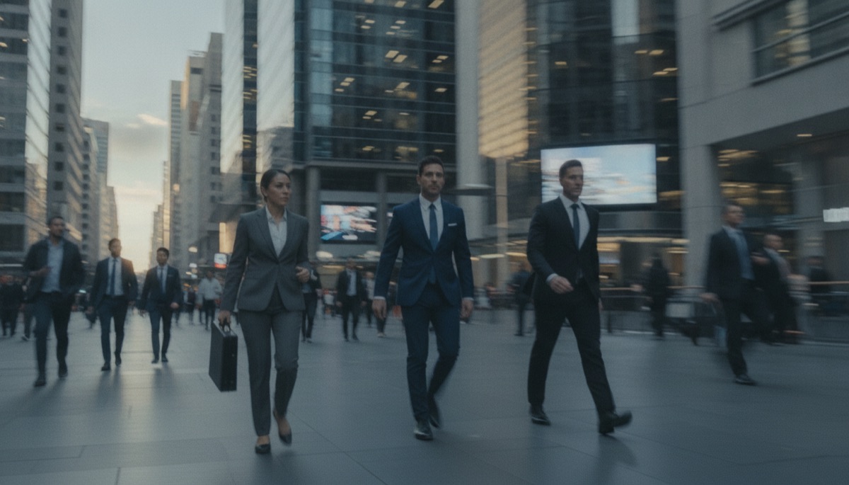 Suited professionals walking past Sydney CBD financial towers