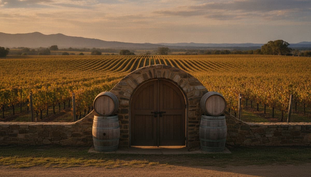 South Australian cellar door with vineyard rows at golden hour