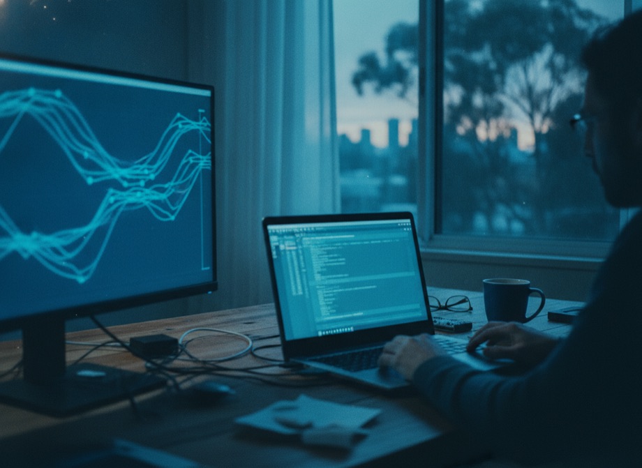 Developer's desk with automation workflows at dusk