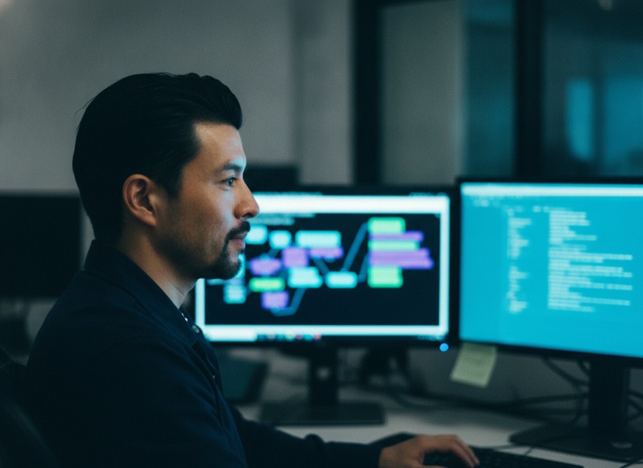 AI marketing automation — JJ from Integral Media reviewing workflows across two monitors