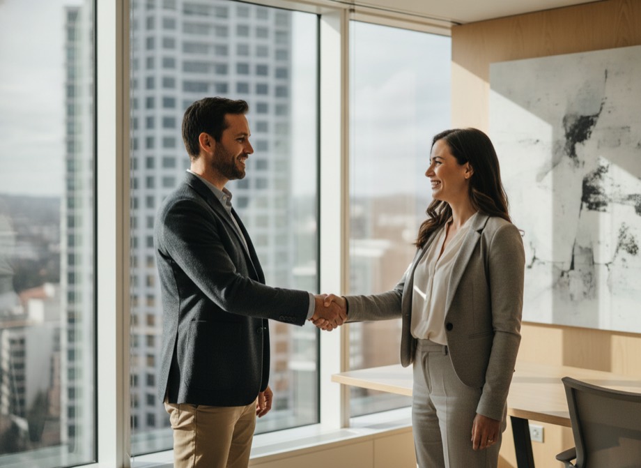 B2B SEO Sydney, two professionals meeting in a Sydney office