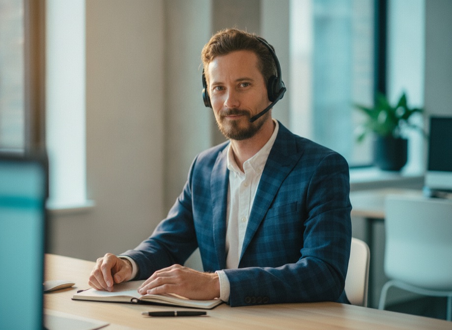 Alex Morrison from Integral Media taking a client call on a headset