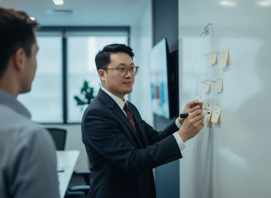 CRM customisation planning — team mapping a sales pipeline on a whiteboard