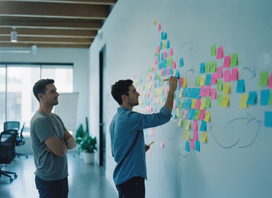 Customer journey mapping workshop — sticky-note journey on a wall
