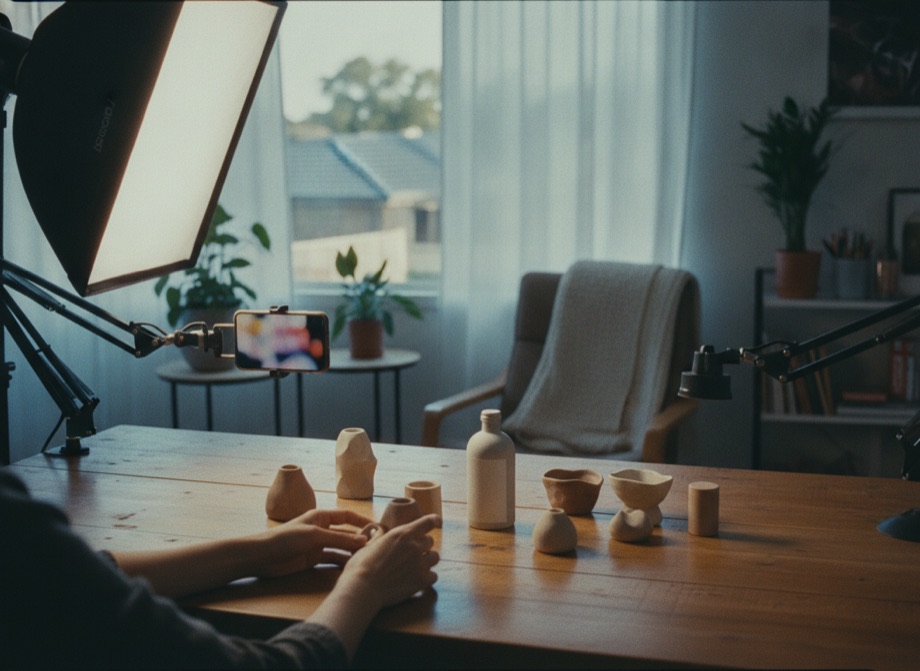 Influencer marketing content studio — product props, softbox and camera rig