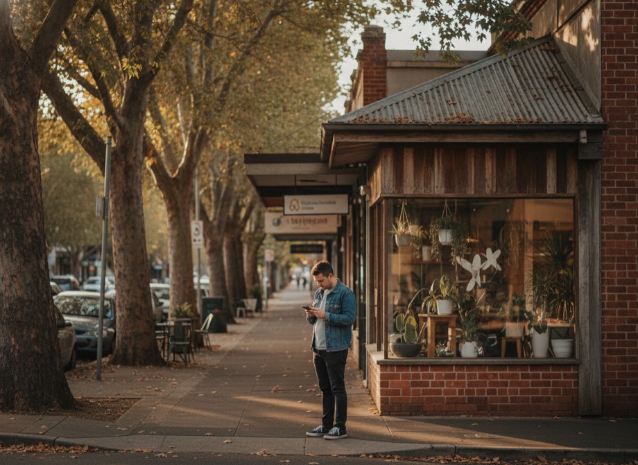 Local SEO Adelaide, an Adelaide suburban high street with a customer searching on their phone