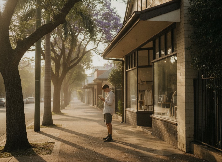Local SEO Brisbane, a Brisbane suburban high street with a customer searching on their phone