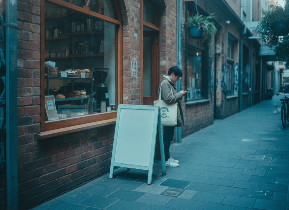 Local SEO Melbourne — laneway shopfront with a customer searching on their phone
